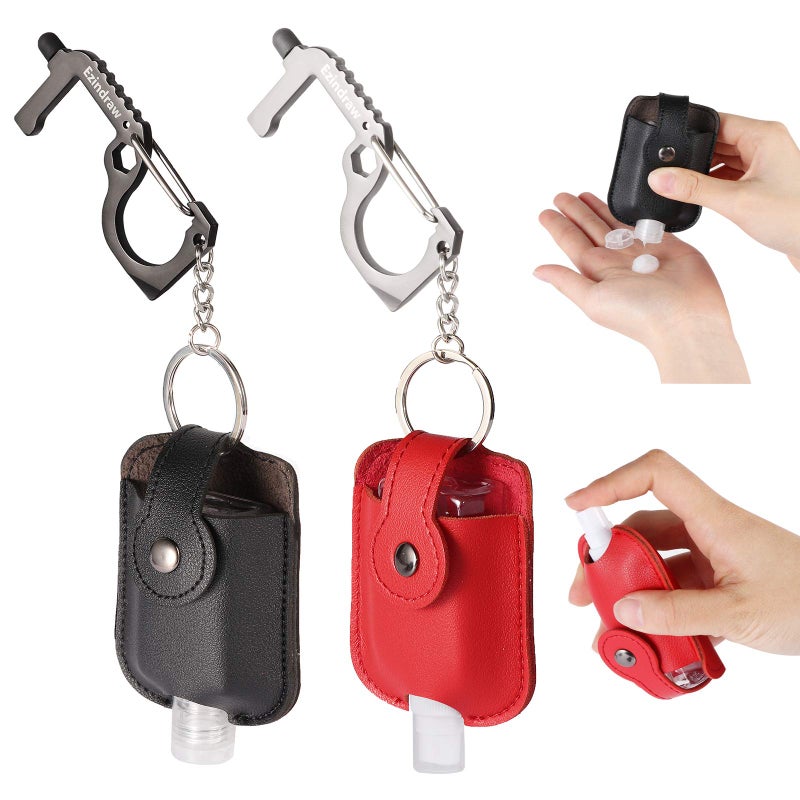 Ezindraw 2 PCS Hand Sanitizer Travel Size Spray Case Premium Leather Hand Sanitizer Keychains Spray or Squeeze Refillable Red Black Empty